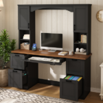 Farmhouse Arched Computer Desk with Hutch, Mid-Century Walnut Home Office Workstation with Charging Station & Keyboard Tray, All-in-One Writing Desk with File Drawer for Study, Office, Black - Image 17