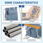 4-Position Adjustable Backpack Beach Chair, Foldable Rustproof Aluminum Frame Lounge Chair with Wooden Armrest, Side Storage Pockets & Detachable Pillow, 24"×22"×37" Outdoor Patio Camping Lawn Chair Holds up to 265 LBS, Blue White Vertical Stripe - Image 10