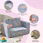 Kids Foldable Sofa Bed with Night Glow – 2-in-1 Convertible Children’s Lounge Chair, Soft Flannel Fabric, High Resilience Sponge, Removable Cover, Safe Round Edge Design – Gray Blue Sports Ball Pattern - Image 3