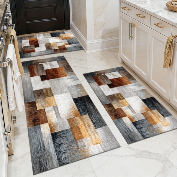 5dd3b0eb-2112-489e-80e0-e4cabc99e5b7.png Three-piece kitchen rug set, non-slip and washable, abstract pattern kitchen hallway rug, soft and comfortable, suitable for sinks, floors, entrances, hallways and bathrooms. - Image 1