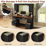 Farmhouse Arched Computer Desk with Hutch, Mid-Century Walnut Home Office Workstation with Charging Station & Keyboard Tray, All-in-One Writing Desk with File Drawer for Study, Office, Black - Image 14