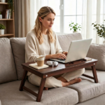 Adjustable Bamboo Laptop Bed Tray with Storage Drawer, 4 Tilt Angles 9"-11.5" Height Foldable Lap Desk Ventilation Holes Anti-Fall Baffle for Bed Sofa Picnic Brown - Image 9