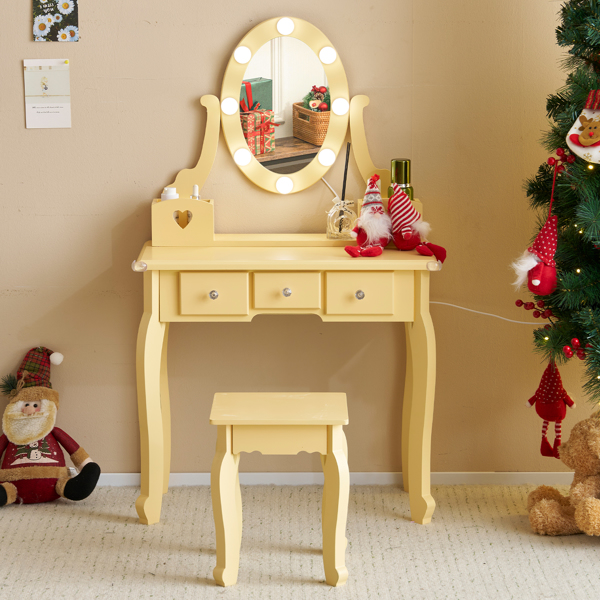 Kids Vanity Set with Mirror and Lights and Stool, 5 Storage Drawers, Pretend Play Princess Makeup Desk Dressing Table and Stool Set for Little Girls Age 3+, Macaroon Orange