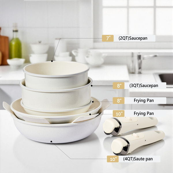 19-Piece Cookware Set, 5 Pots and 2 Lids, Removable Handles, Non-Stick Aluminum Pots and Pans, Microwave & Oven Safe, Dishwasher Safe, Cream White