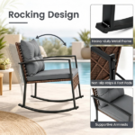 3-Piece Outdoor PE Rattan Rocking Chair Conversation Set with 2-Tier Glass Coffee Table, Heavy Duty Metal Frame Patio Rockers with Zipper Removable Gray Cushions & Back Pillows Mixed Brown Wicker for Backyard Porch Poolside - Image 9