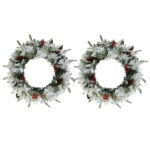 2 Pack 18in Pre-lit Snow Flocked Christmas Wreath, Lighted Artificial Xmas Wreath with 60 Warm Lights and 140 Tips and Red Berries Pine Cones, for Front Door Gate Wall Xmas Party Decorations
