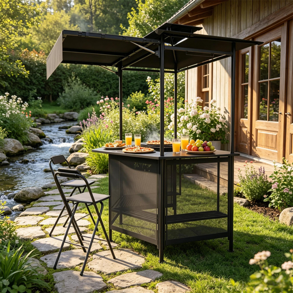 6' x 5.5' Outdoor BBQ Grill Shelter Gazebo, Waterproof Fabric Canopy with 2-Tier Roof, 6 Hanging Hooks & Glass Holder, Stable Steel Frame for Backyard Grilling