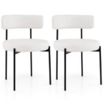 2 PCS White Sherpa Upholstered Dining Chair, Ergonomic Curved Backrest & Wide Round Seat