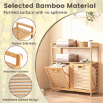 32 Inch Double Compartment Bamboo Laundry Organizer Freestanding Cabinet, Raised Guardrail Top Shelf Rounded Corner Dirty Clothes Bin Separate Light Dark Clothes Storage Natural Finish - Image 9