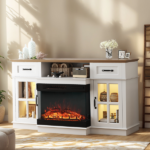 58 Inch Black Gold Oak Fireplace TV Stand with 25 Inch Insert, 2 Doors 2 Drawers & Glass Shelves, Media Console 147.4 x 45 x 80 cm - Image 6