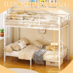 White Twin Bunk Bed Square Tube High Guardrail Side Ladder Opening Iron Bed - Image 11
