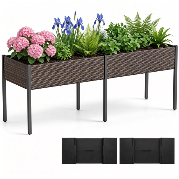2-Section PE Rattan Raised Garden Bed, 29" Ergonomic Elevated Planter Box with Detachable Fabric Liner, 352LBS Total Capacity for Patio Backyard Vegetables Herbs