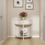 Artisan-Crafted Wave-Pattern Demi-Lune Console Table with Creamy White Finish,Unique Half Moon Design End Table with 2 Storage Drawers and Bottom Shelf for Living room, Bedroom, Study, Hallway - Image 14
