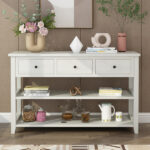 Console Table with Wood Frame and Legs, Sofa Table Entryway Table with 3 Drawers and 2 Open Shelves Antique White - Image 5