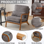 Low Arm Accent Chair - Light Gray Corduroy Upholstered Indoor Lounge Chair, Compact Single Seater with Sturdy Frame (330LBS Weight Capacity) - Image 5