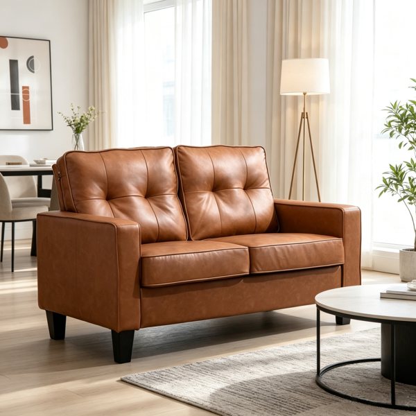 5fc51ef6-67ba-45dc-8d21-22bb4acb48c1.png Brown 51" Wide Double Sofa – 2-Seater Tufted PU Leather Loveseat with Padded Armrests - Image 1
