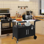 Outdoor Grill Cart with Storage, Rolling Bar Cart Movable Kitchen Island for BBQ, Patio Dining Cart Table for Food Prep with Wheels Hooks Foldable Top - Image 7
