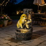 22" 3-Tier Puppy Themed Resin Garden Fountain: Rustic Brown Outdoor Water Fountain with LED Lights & Adjustable Flow