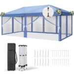 Same Code 24768999 10x20 ft Blue Pop Up Canopy Tent, Instant Folding Shelter with 6 Mesh Panels, 2 Doors & 4 Mesh Windows, 28/22mm Powder Coated Iron Legs, 10x20mm Reinforced Crossbar, 210D Oxford Fabric Outdoor Foldable Canopy with Carry Bag, Without Sandbags