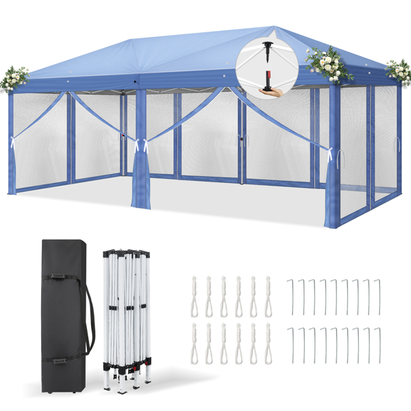 Same Code 24768999 10x20 ft Blue Pop Up Canopy Tent, Instant Folding Shelter with 6 Mesh Panels, 2 Doors & 4 Mesh Windows, 28/22mm Powder Coated Iron Legs, 10x20mm Reinforced Crossbar, 210D Oxford Fabric Outdoor Foldable Canopy with Carry Bag, Without Sandbags