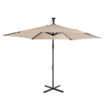 10FT Round Banana Hanging Patio Umbrella with 18 LED Lights, 6 Iron Ribs, Iron Straight & Curved Pole, Waterproof Polyester Canopy, with Stand Sleeve and Cross Base, Khaki - Image 6