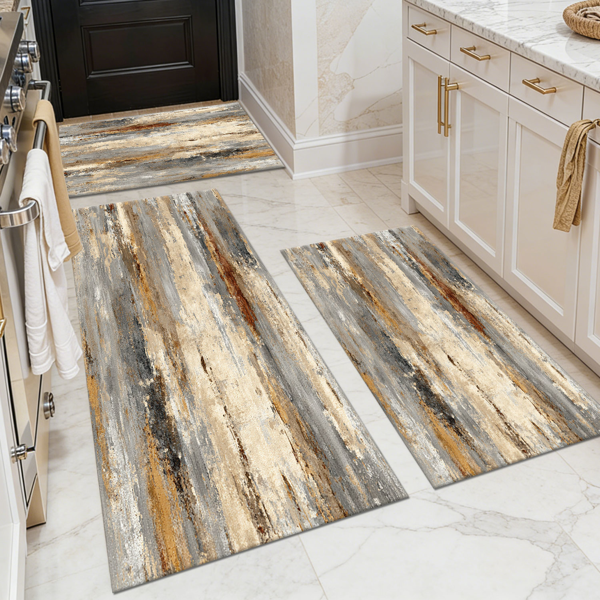Three-piece kitchen rug set, non-slip and washable, abstract pattern kitchen hallway rug, soft and comfortable, suitable for sinks, floors, entrances, hallways and bathrooms.