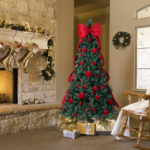 7.5 FT Artificial Christmas Tree with DIY 300 Warm White LED Lights, Hinged Xmas Pine Tree with Giant Bowknot and Red Ball Ornaments for Holiday Party Office Home, Dark Green Tree & Red Decor - Image 12