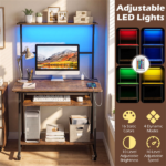 Mobile Rolling Computer Desk with RGB LED Lights & Built-in Charging Station, Multi-Tier Storage Workstation with Keyboard Tray - Image 11