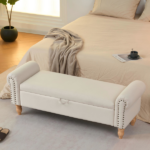 Storage Ottoman Bench, Fabric Benches End of Bed Bench with Solid Wood Legs Upholstered Ottoman Bench with Storage Indoor Bench for Living Room with Rolled Arm, Entryway, Beige - Image 6