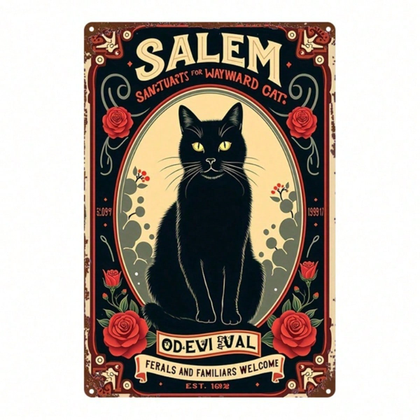 CIFbuy Salem Cat House Black Cat & Rose Vintage Metal Sign 8x12 Inch 1Pc Classic 2D Flat Art Retro Wall Decor For Home Farm Kitchen Ind TikTok, TikTok, Ind Self-pickup Logiopics