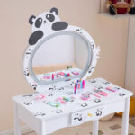 Black and white panda MDF painted finish, solid wood legs, 1-drawer children's dressing table set, LED three-color backlit touch switch - Image 11