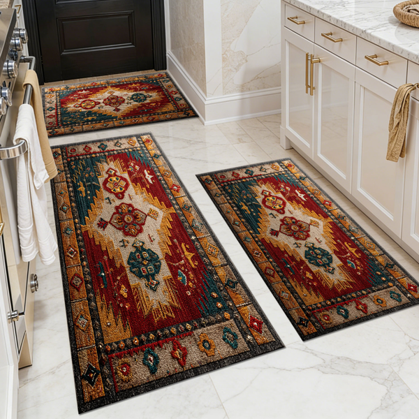 Three-piece kitchen rug set, non-slip and washable, abstract pattern kitchen hallway rug, soft and comfortable, suitable for sinks, floors, entrances, hallways and bathrooms.