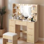 Oak-colored particleboard with a 7-drawer, 4-shelf dressing table set with 10 three-tone light bulbs, power strip, and grille. - Image 2