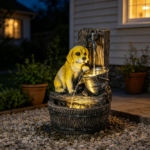 22" 3-Tier Puppy Themed Resin Garden Fountain: Rustic Brown Outdoor Water Fountain with LED Lights & Adjustable Flow - Image 4