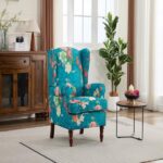 Modern Accent Chair with Retro Wood Legs, Comfy Upholstered Armchair, Floral Design Single Sofa Chair for Living Room Bedroom Office - Floral Cyan - Image 15