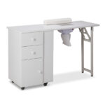 Foldable Manicure Table with Electric Dust Collector, Lockable Wheels, Wrist Cushion, Drawers & Cabinet for Beauty Salon, White - Image 2