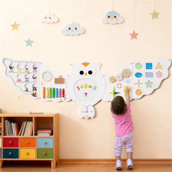 11-in-1 Montessori Owl Activity Wall - STEM Sensory Busy Board with Magnetic Whiteboard, 3+ Years Old