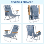 4-Position Adjustable Backpack Beach Chair, Foldable Rustproof Aluminum Frame Lounge Chair with Wooden Armrest, Side Storage Pockets & Detachable Pillow, 24"×22"×37" Outdoor Patio Camping Lawn Chair Holds up to 265 LBS, Blue White Vertical Stripe - Image 8
