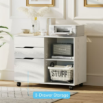 3-Drawer File Cabinet with Wheels, Rolling Wood Printer Stand with Open Storage Shelves for Home Office, White - Image 4