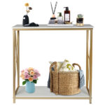 Same Code 95305852 2-Tier Console Table, Gold Sofa Entry Table with White Top and Gold Metal Frame for Home - Image 9