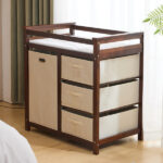Brown painted pine wood frame children's bed with removable top, 87*53*87.5cm, includes 3 fabric drawers and 1 fabric bag, and a changing table - Image 20