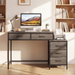 5 Drawer Computer Desk with Reversible Drawers & Printer Shelf, Industrial Home Office Writing Desk with Metal Frame - Oak - Image 2