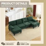 U-Shaped Convertible Sectional Sofa with 2 Chaise Lounges, 4-Seater Modular Couch with Removable & Washable Chenille Covers, 111.4" L x 48.4" D x 33.1" H L-Shaped Couches for Living Room Apartment, Heavy Duty Plastic Legs, Dark Green - Image 4