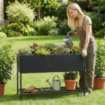 Black PE Rattan Elevated Planter with Lower Shelf, 101.6×30.48×71.12cm Raised Garden Bed with Drainage - Image 2