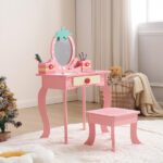 Pink MDF spray-painted + apple-printed 1-drawer 2-desktop storage box children's dressing table set - Image 8