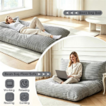 Gray Convertible Corduroy Bean Bag Floor Sofa for Adults, 76.5x55 Inch Sponge Filling Foldable Floor Mattress Guest Bed, Removable Washable Cover Large Lazy Lounger - Image 5