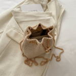 Ladies' mini straw woven bucket crossbody bag, hand woven pearl decoration drawstring straw woven small bag, gold chain shoulder bag, summer beach vacation special - Image 4