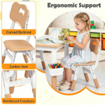 Height Adjustable Kids Desk and 4 Chairs Set, Graffiti Wipeable Tabletop Toddler Activity Table with Storage Baskets Natural - Image 6