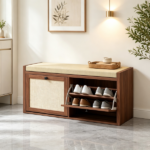 Brown Entryway Shoe Storage Bench – Padded Seat with 2 Rattan Doors for Hidden Shoe Storage - Image 7