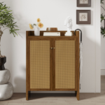 42.5" Tall Rattan Shoe Cabinet with Doors, 6-Tier Wooden Freestanding Shoe Storage Organizer with Adjustable Shelves, Mid-Century Entryway Shoe Cabinet for Hallway & Living Room--Walnut - Image 15